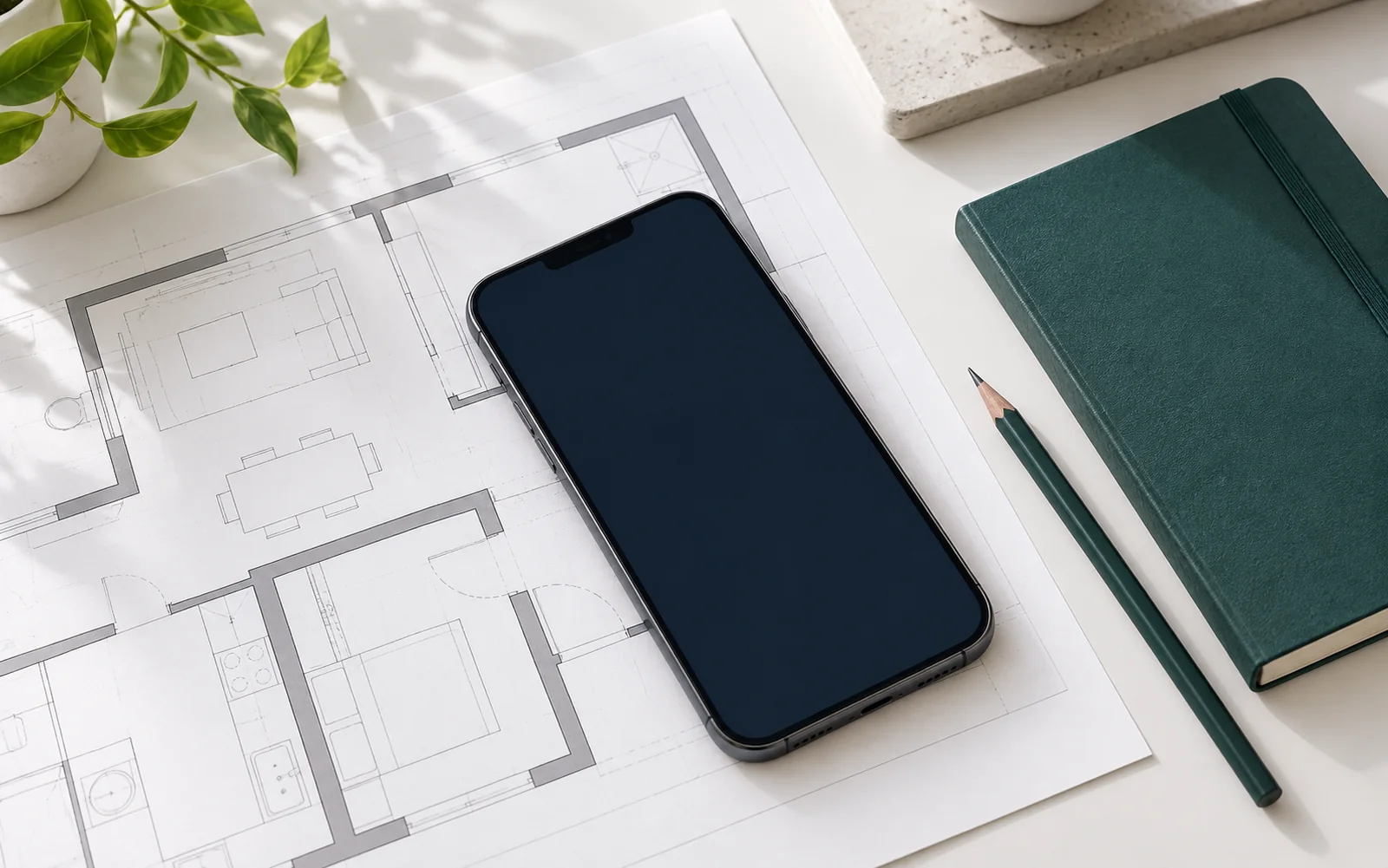 Telefon cu ecran neutru, plan generic de apartament, carnet si creion.
