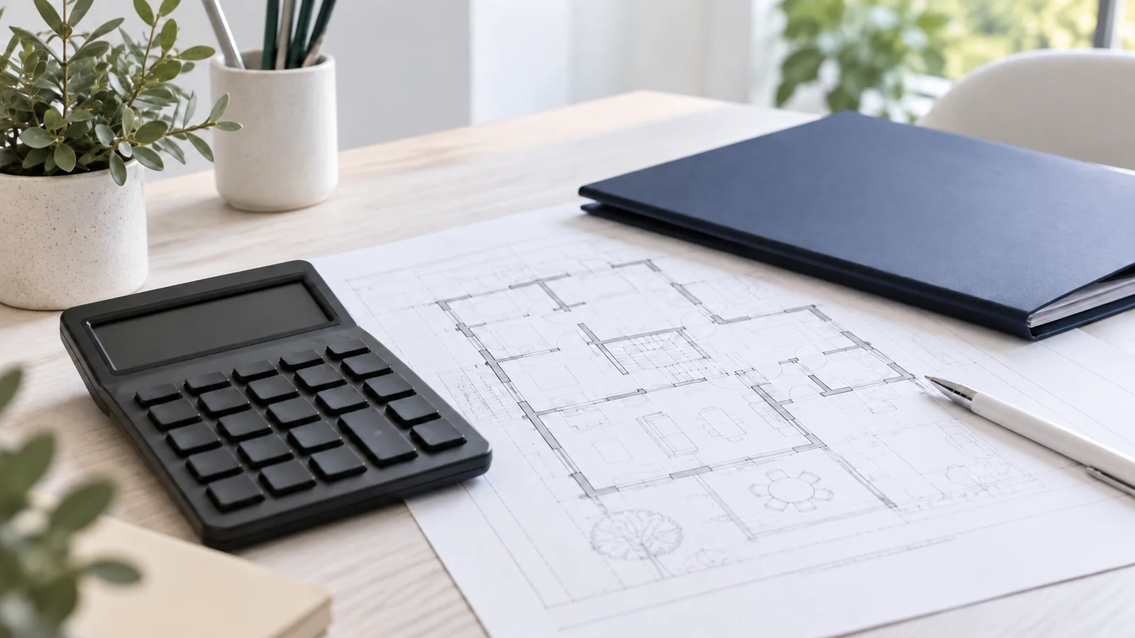 Calculator cu ecran si taste neutre, plan generic de apartament si mapa bleumarin.