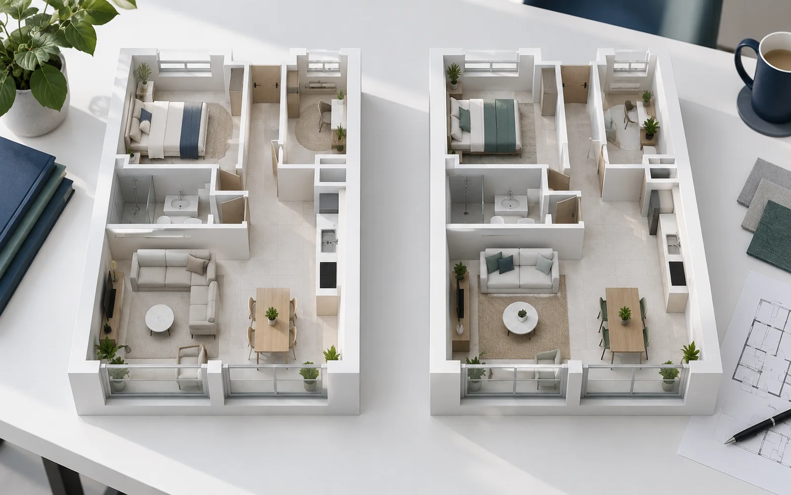 Doua machete de apartament cu compartimentari si mobilier prezentate alaturat.