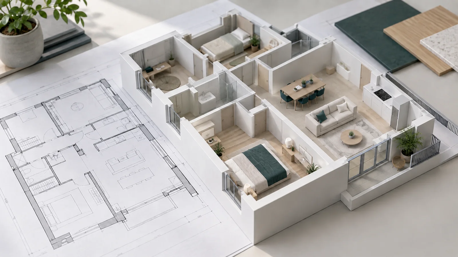 Macheta axonometrica a unui apartament mobilat, alaturi de un plan generic.