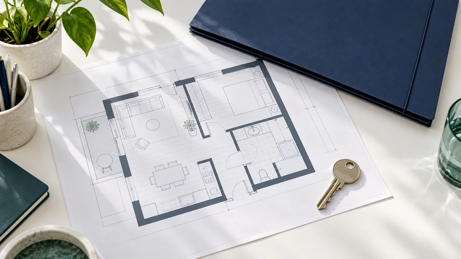 Dosar bleumarin inchis, plan generic de apartament si cheie pe un birou luminos.