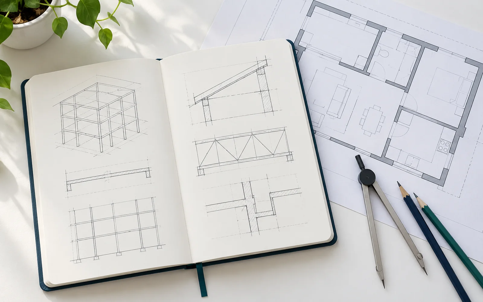 Caiet deschis cu schite geometrice, plan generic de apartament, compas si creioane.