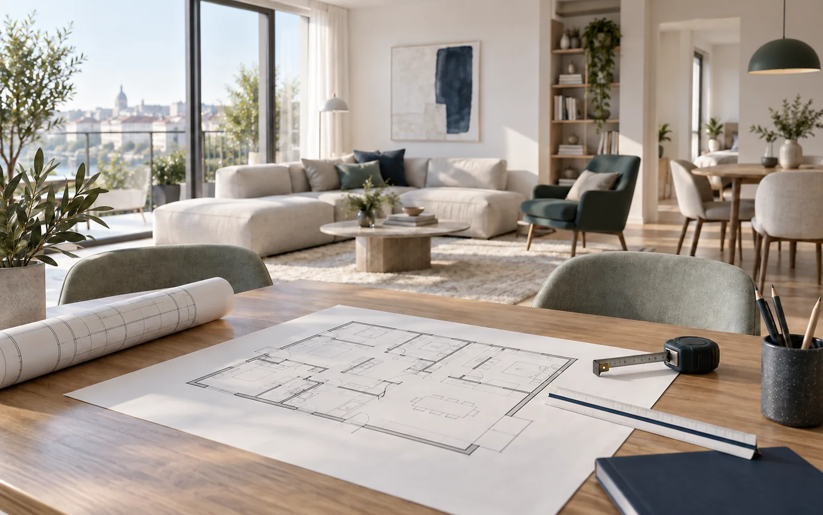 Plan generic de apartament, ruleta si rigla de scara pe masa unui living luminos.